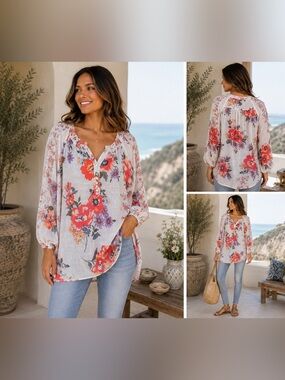 Indigo Rose Floral Tunic Blouse | Boho Peasant Top | Lightweight 3/4 Sleeve